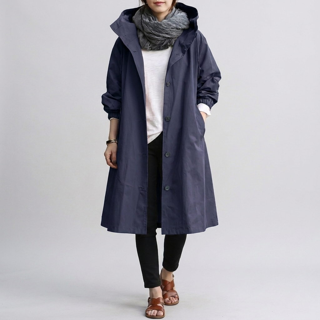Trench à capuche femme oversize et déperlant avec manchettes élastiques et fermeture éclair 5