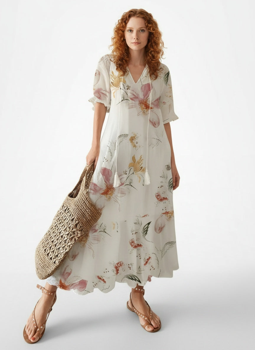 Full body view of the model wearing Robe midi légère imprimée femme