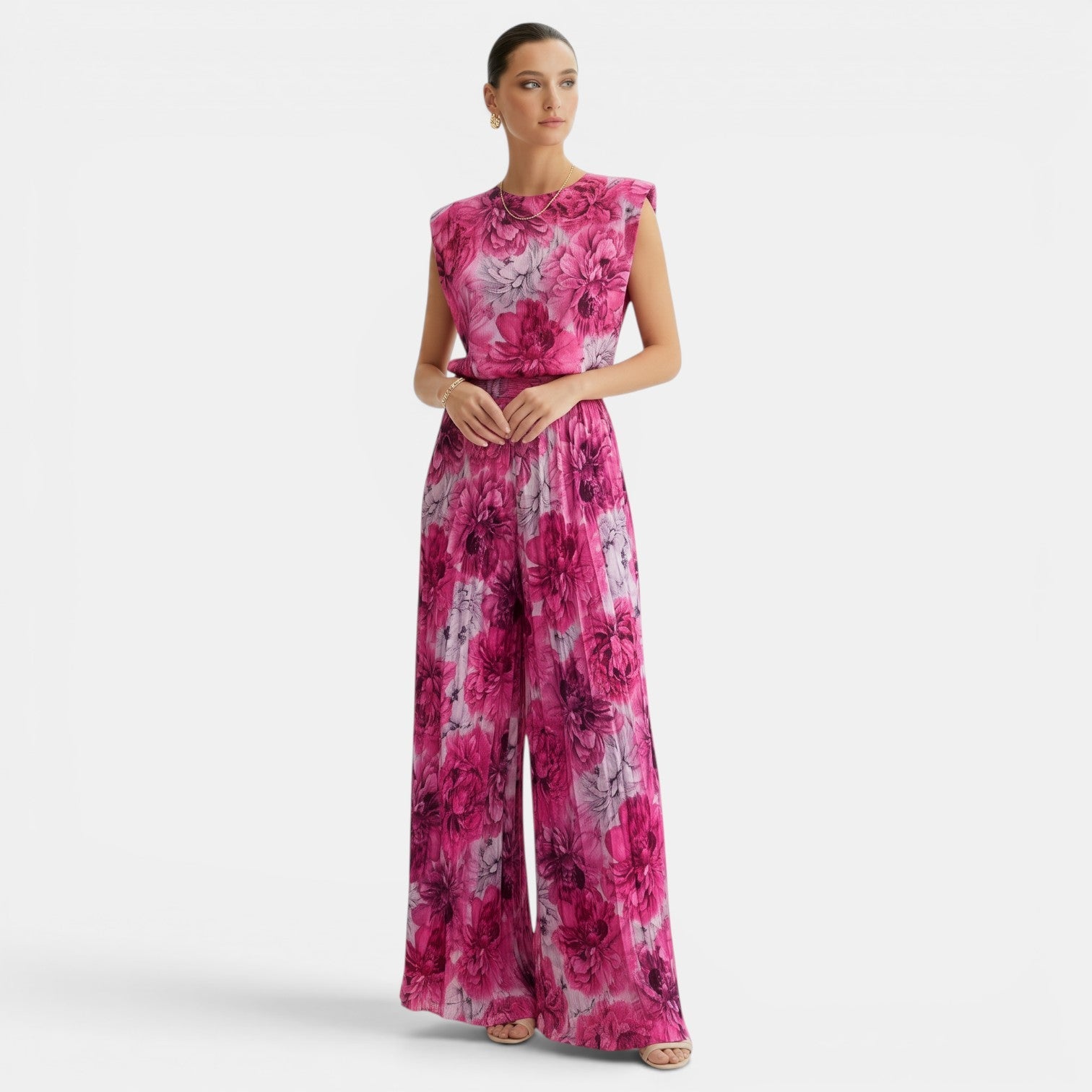 Ensemble femme sans manches à col rond et pantalon large plissé