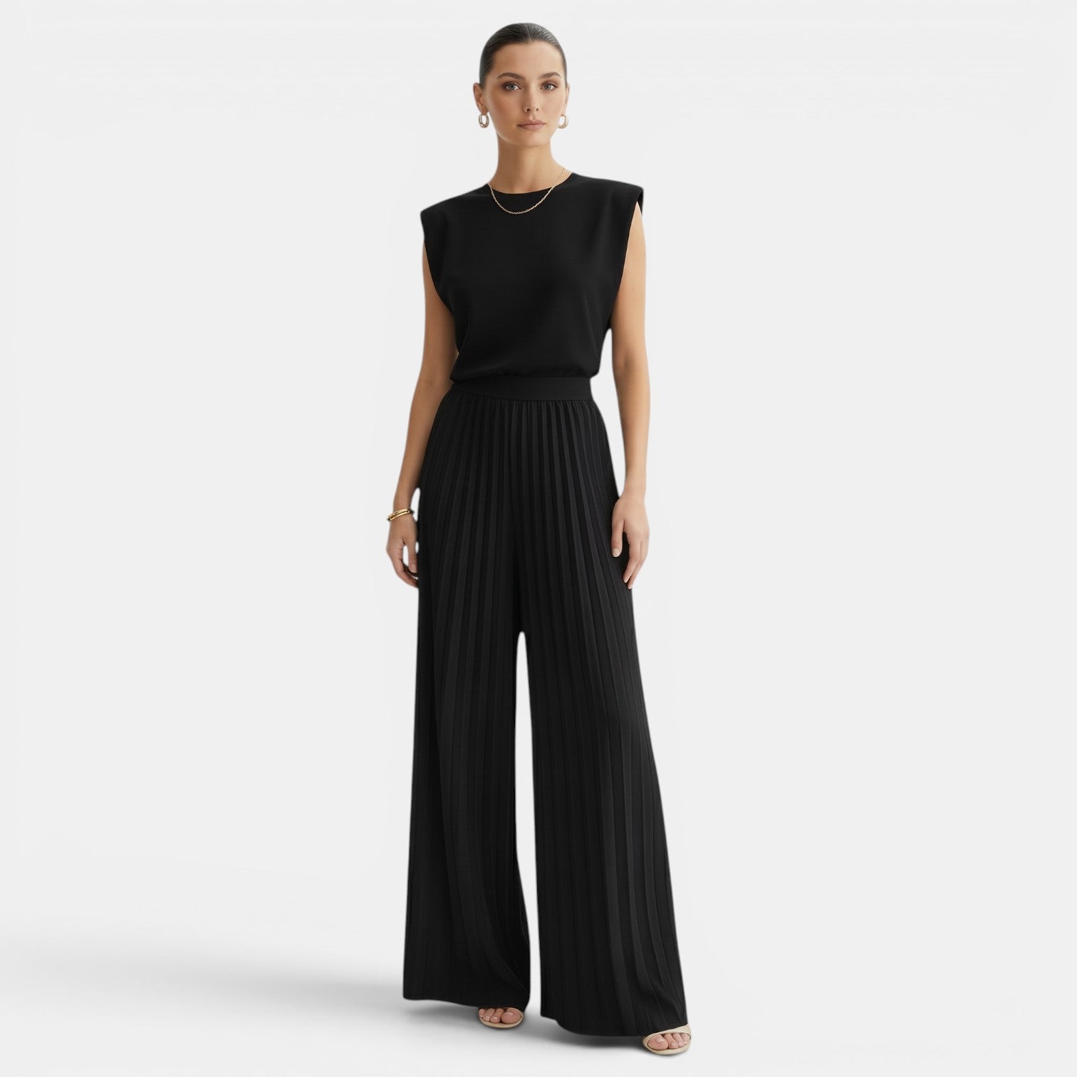 Ensemble femme sans manches à col rond et pantalon large plissé
