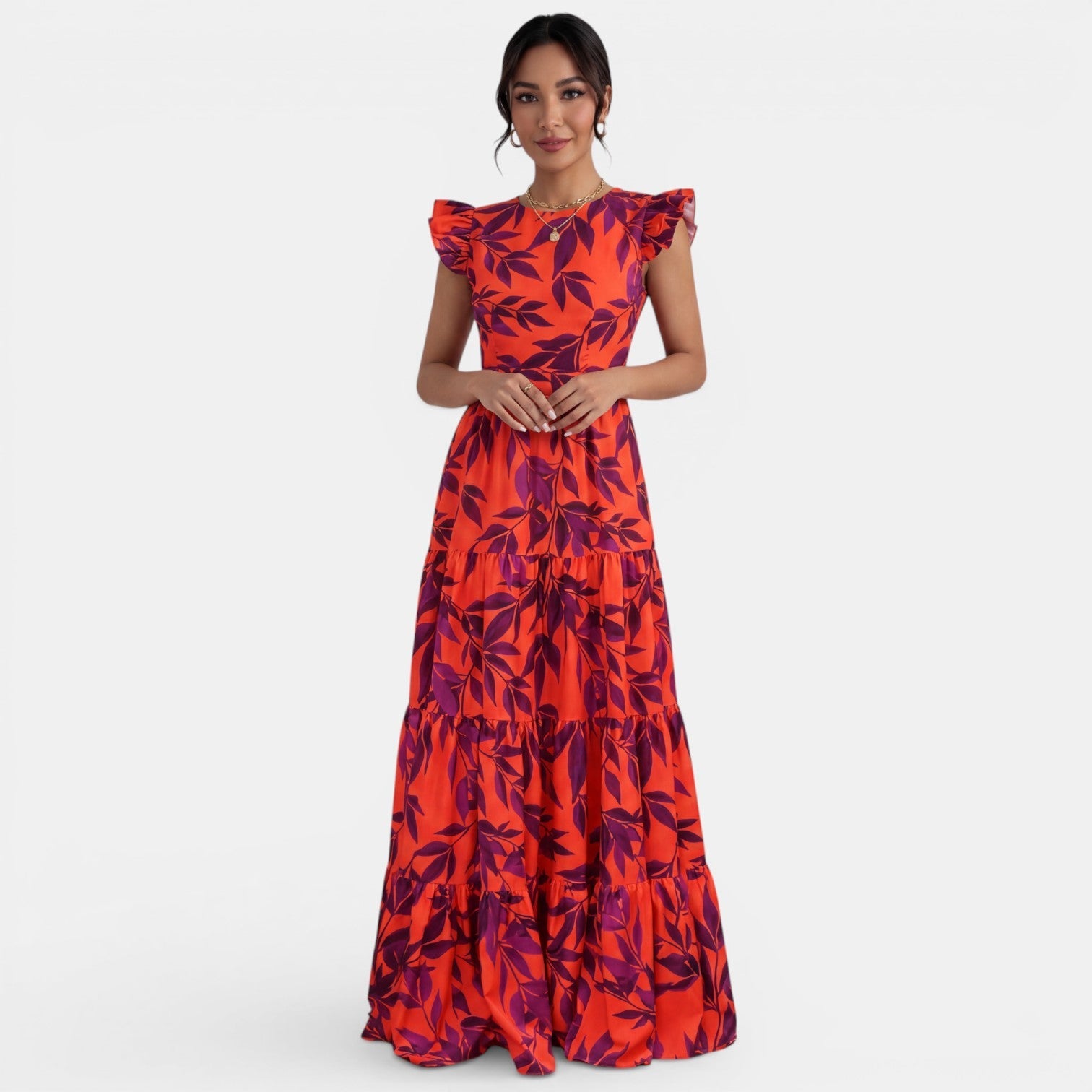 Robe longue imprimée à volants coupe évasée élégante