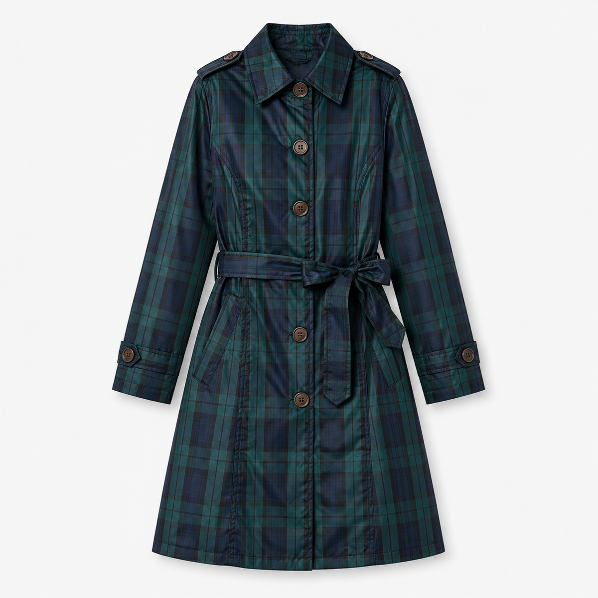 Manteau de pluie femme à carreaux avec capuche, ceinture et longueur genou 2