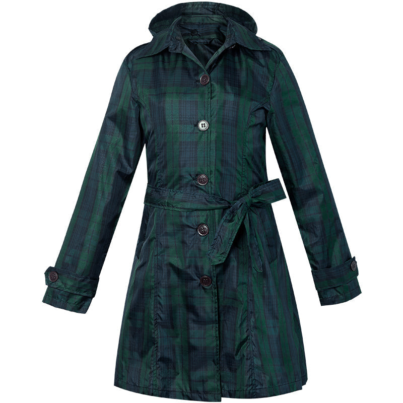Manteau de pluie femme à carreaux avec capuche, ceinture et longueur genou 7