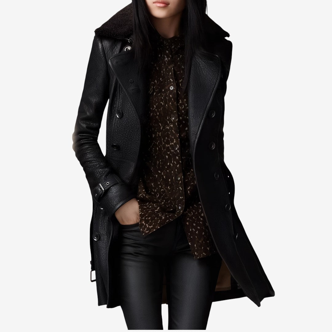 Manteau en cuir femme long cintré à col fourrure et ceinture 1