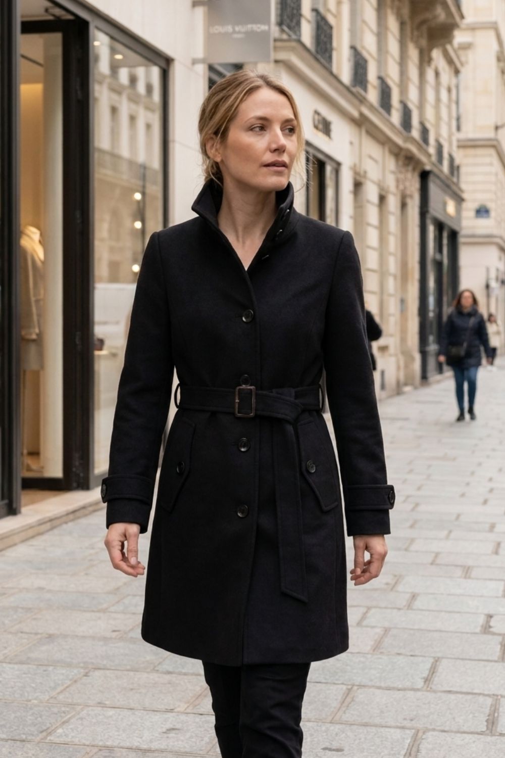 Manteau femme cintré à col montant, ceinture et poches à rabat 11