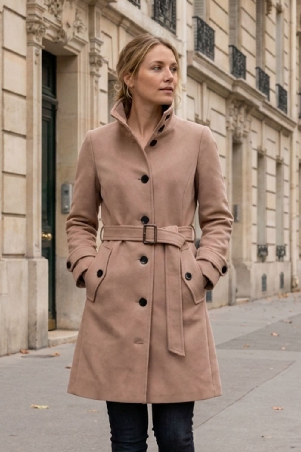 Manteau femme cintré à col montant, ceinture et poches à rabat 5