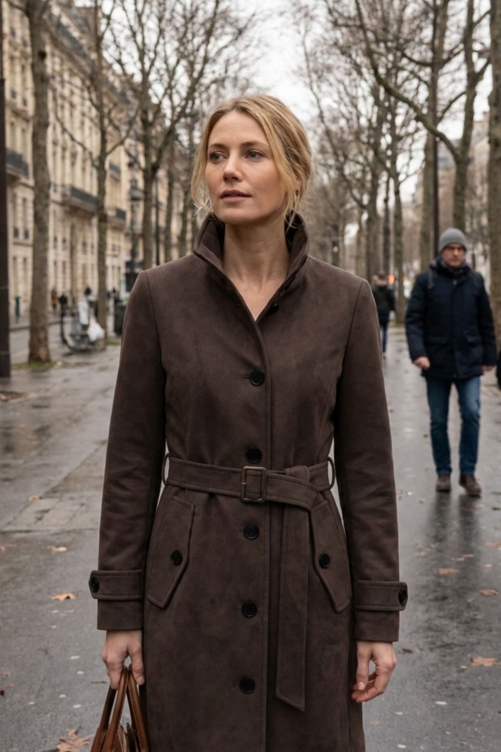 Manteau femme cintré à col montant, ceinture et poches à rabat 7