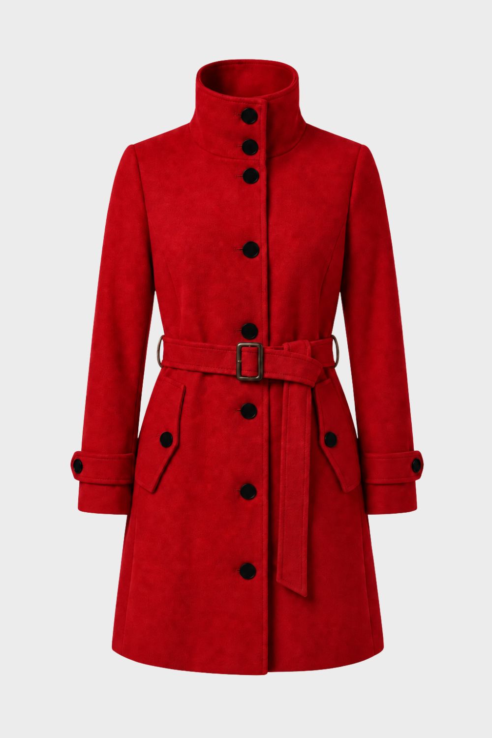 Manteau femme cintré à col montant, ceinture et poches à rabat 8