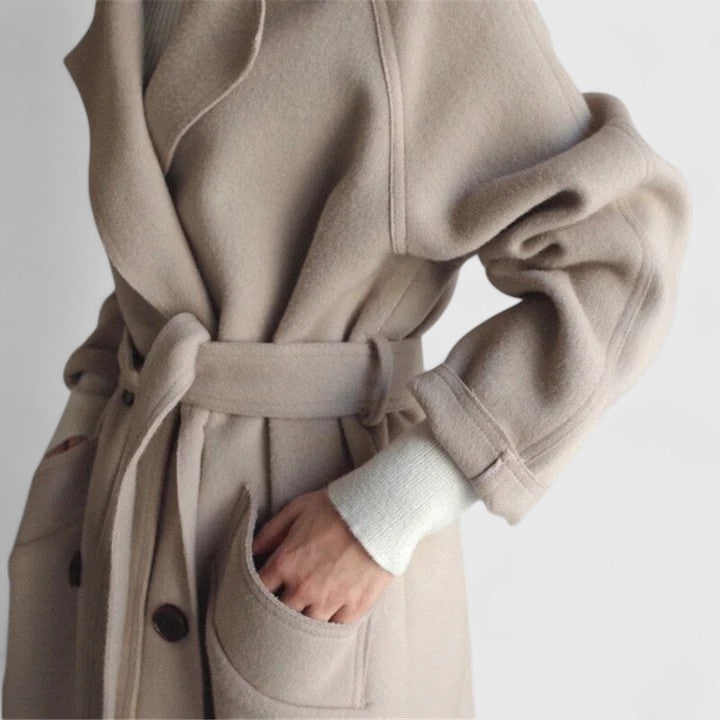 Manteau femme long en laine à ceinture et col cranté 7