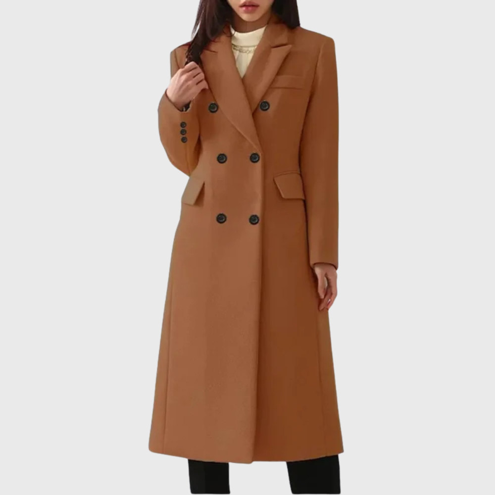 Manteau femme long en laine à col cranté et double boutonnage 3