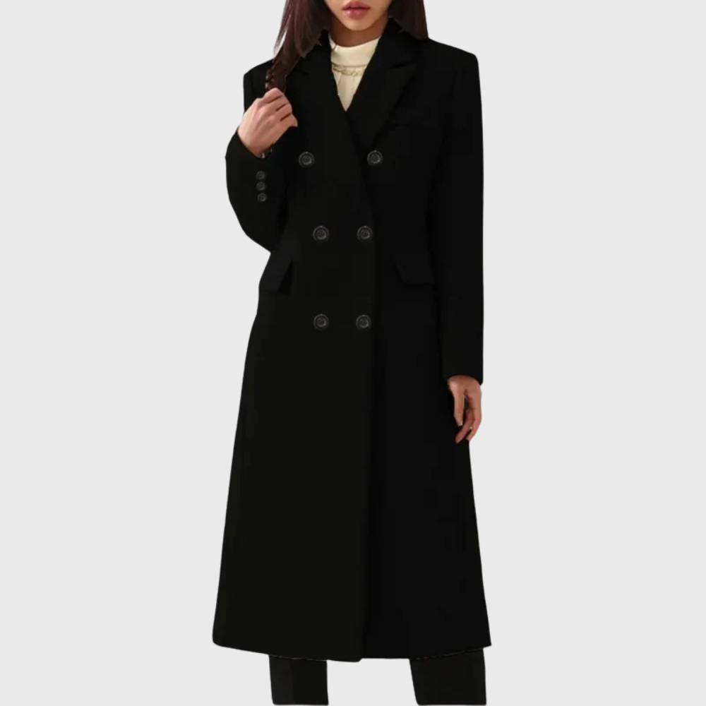 Manteau femme long en laine à col cranté et double boutonnage 4
