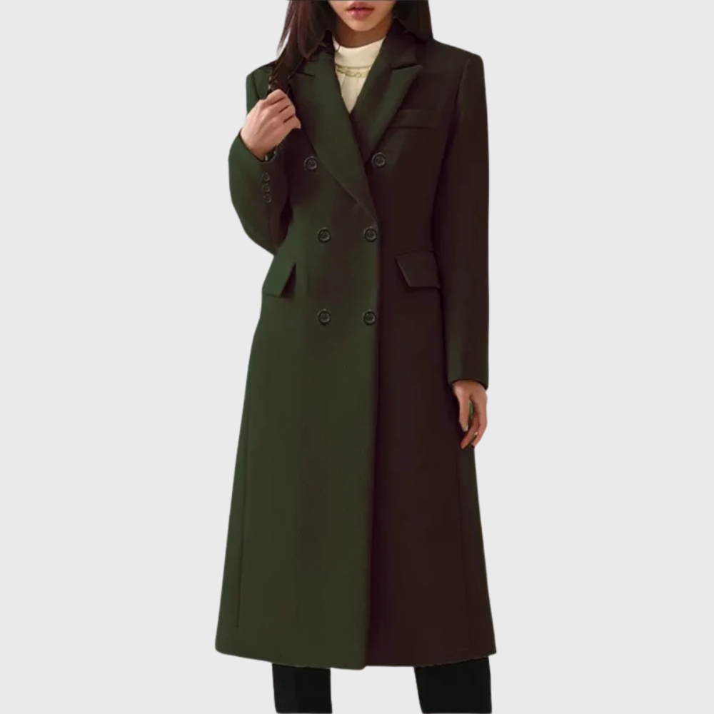 Manteau femme long en laine à col cranté et double boutonnage 7