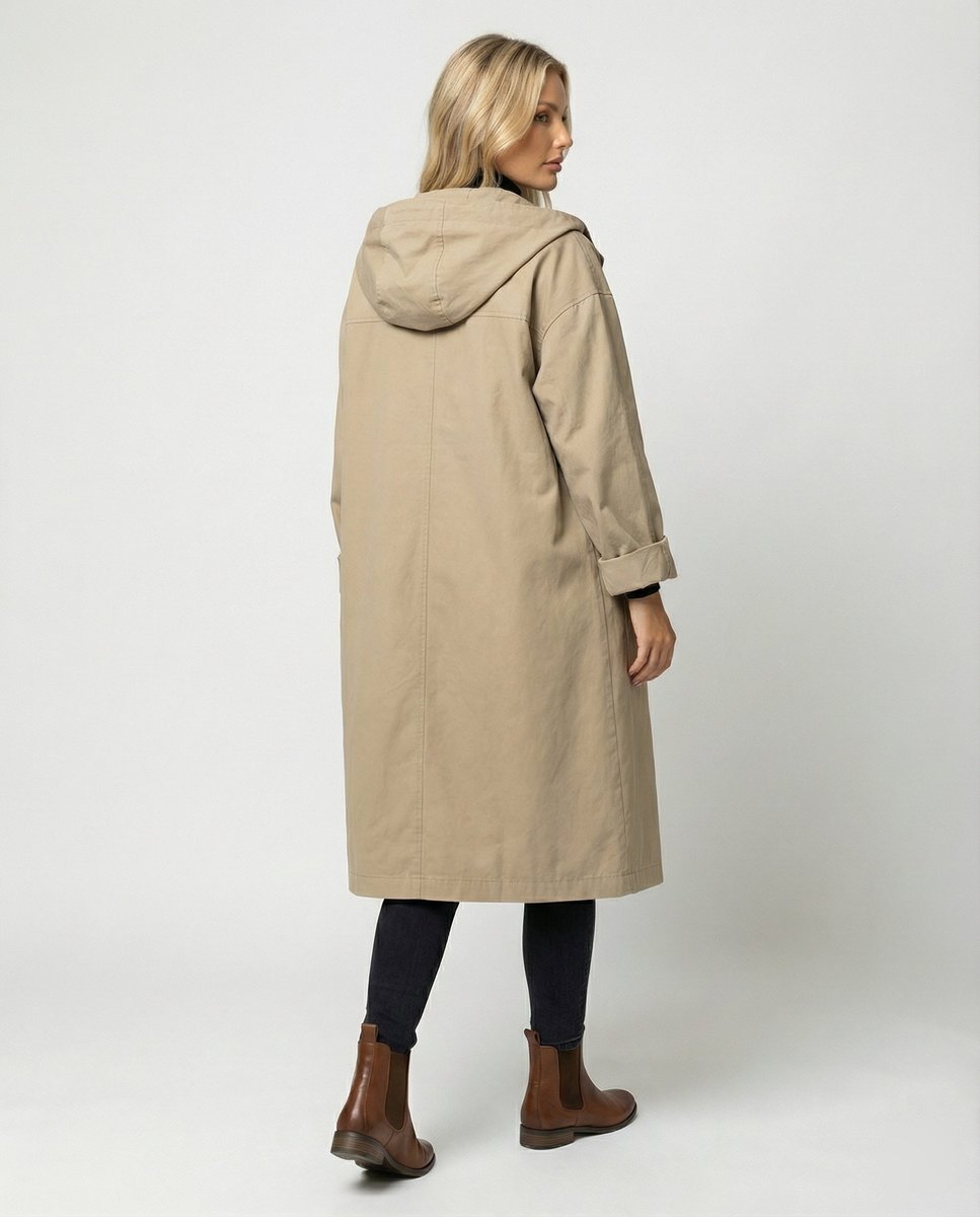 Manteau long à capuche femme déperlant boutonné à poches 3