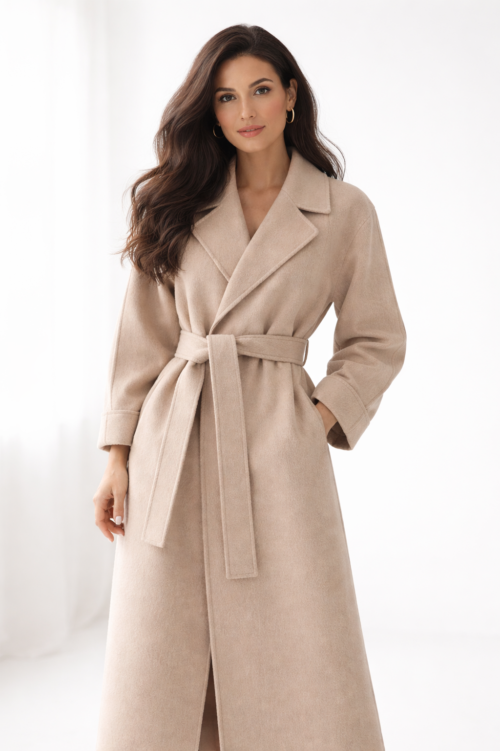 Manteau long en laine femme cache-cœur à col cranté 6