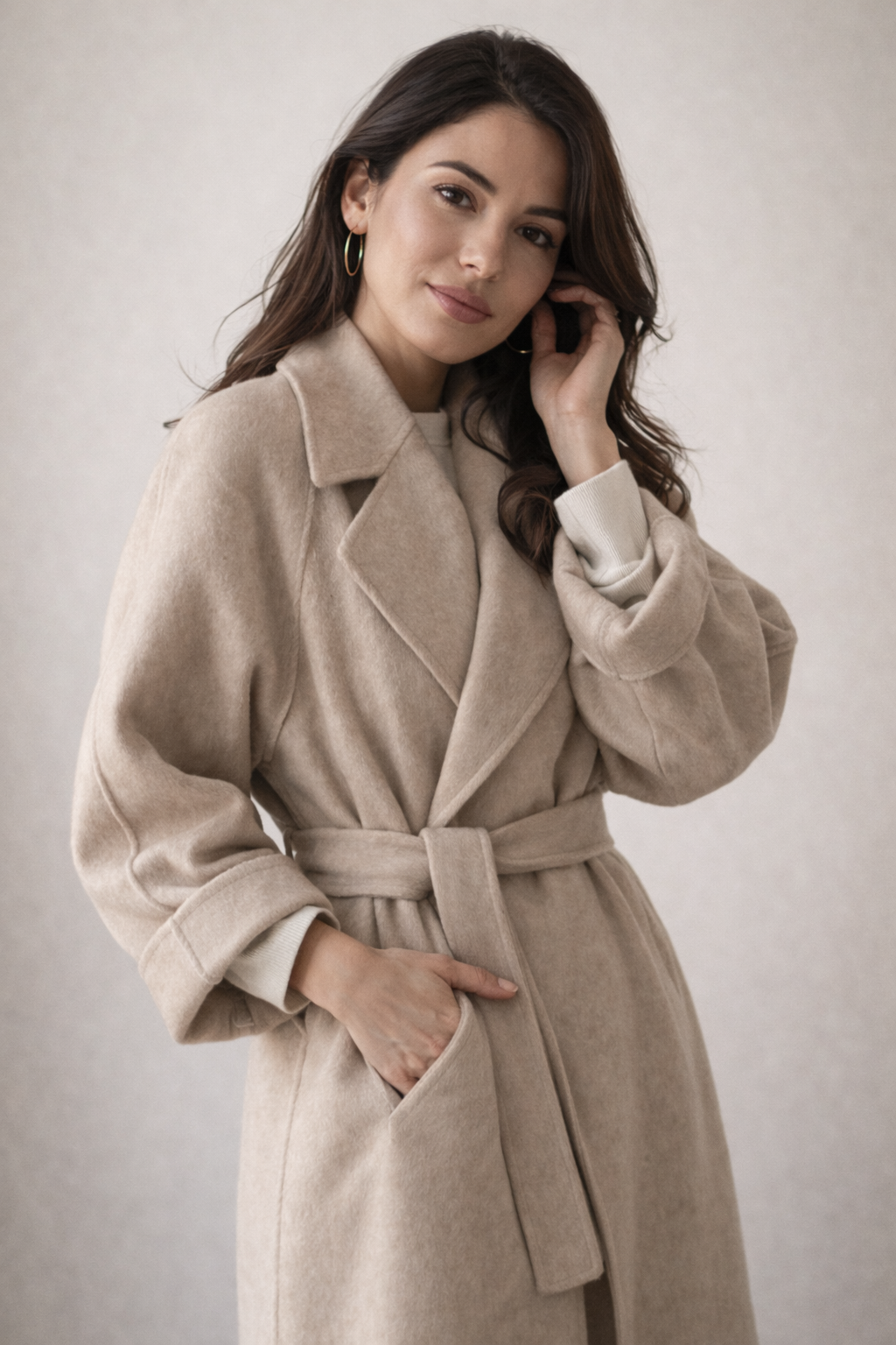 Manteau long en laine femme cache-cœur à col cranté 7