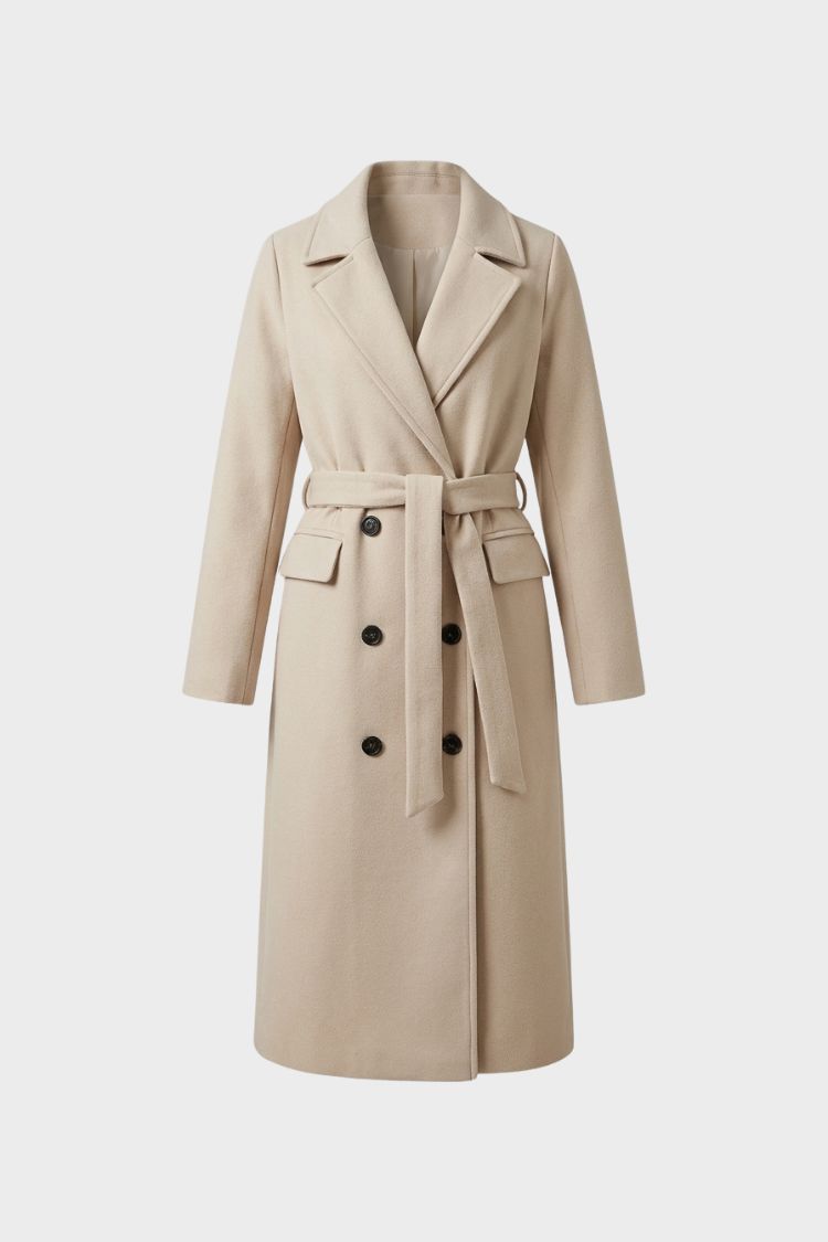 Manteau long en laine femme ceinturé à col cranté 1