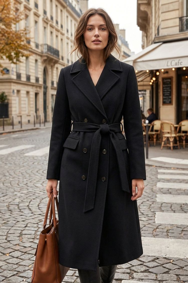 Manteau long en laine femme ceinturé à col cranté 11