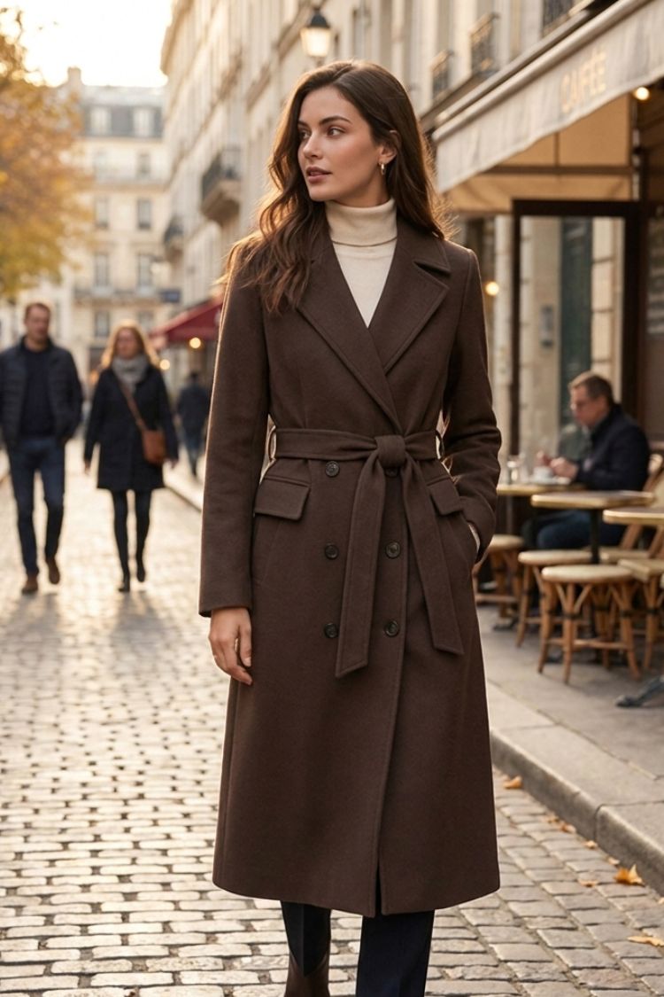 Manteau long en laine femme ceinturé à col cranté 12
