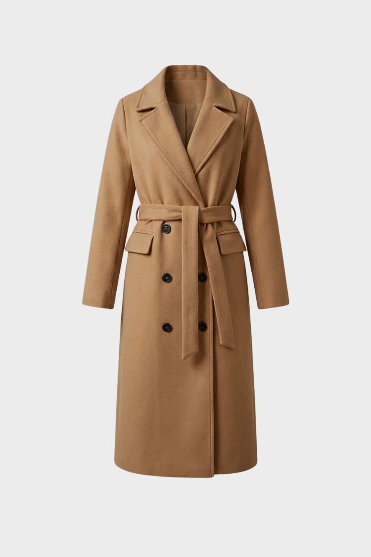Manteau long en laine femme ceinturé à col cranté 2