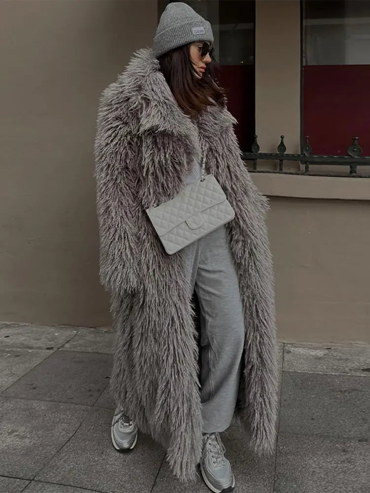 Manteau long femme en fausse fourrure et polyester à manches longues 1