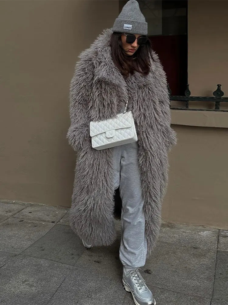 Manteau long femme en fausse fourrure et polyester à manches longues 2