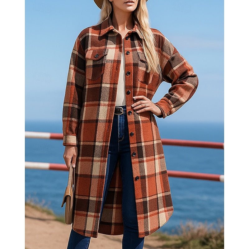 Manteau long femme en laine à carreaux et col à revers 2