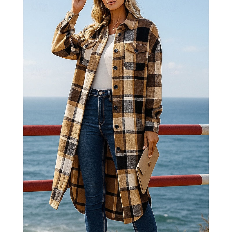 Manteau long femme en laine à carreaux et col à revers 4