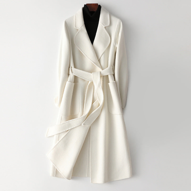 Manteau long femme en laine à col cranté et ceinture nouée 4