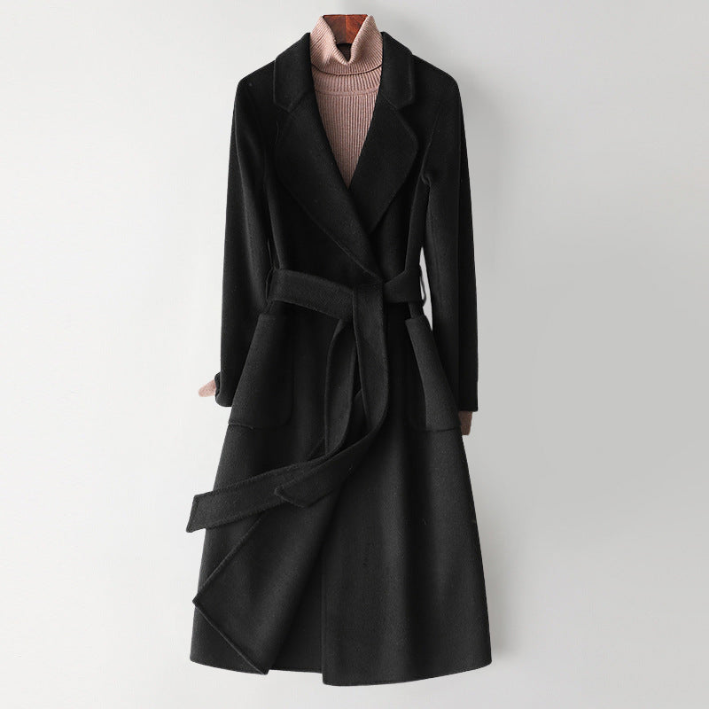 Manteau long femme en laine à col cranté et ceinture nouée 5