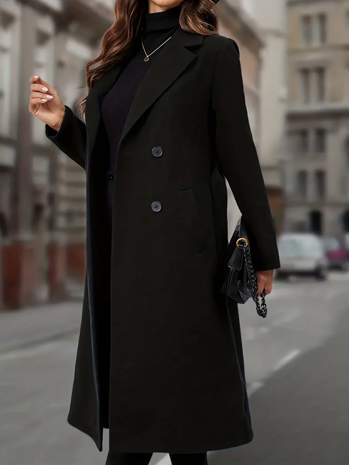 Manteau long femme en laine à double boutonnage et col cranté 4