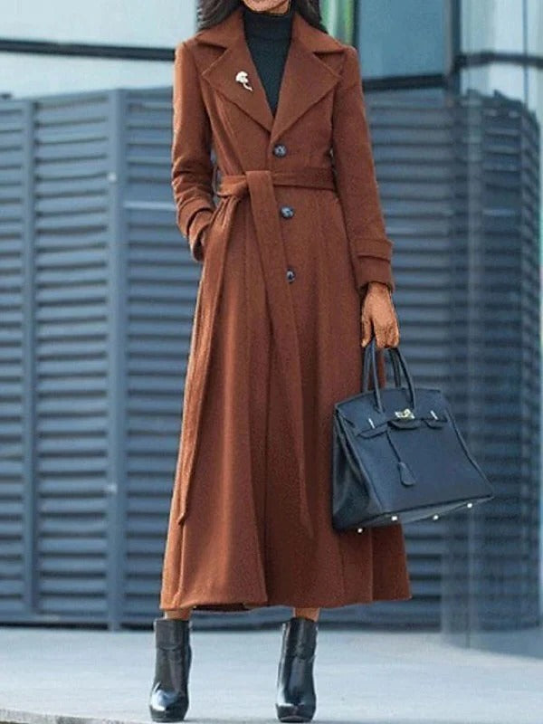 Manteau long femme en laine à taille ceinturée et col cranté 5