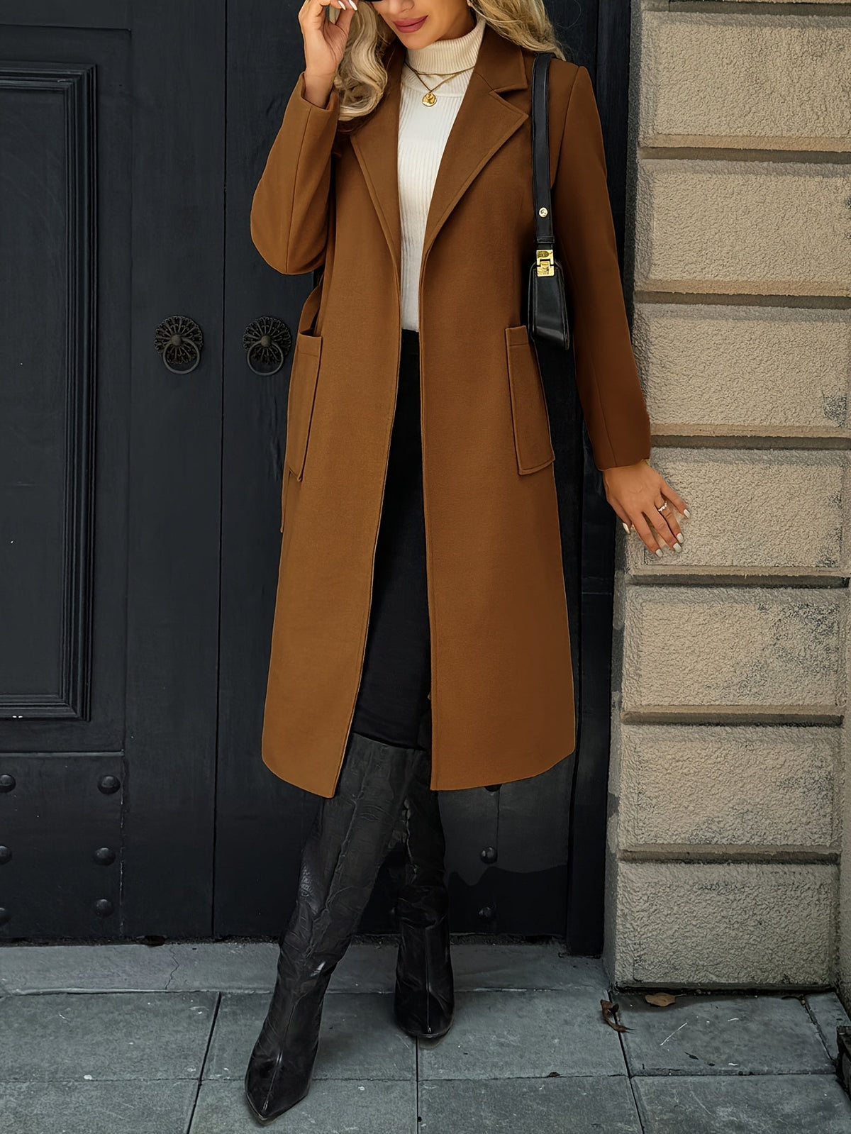 Manteau long femme en laine ceinturé à col cranté et poches plaquées 13