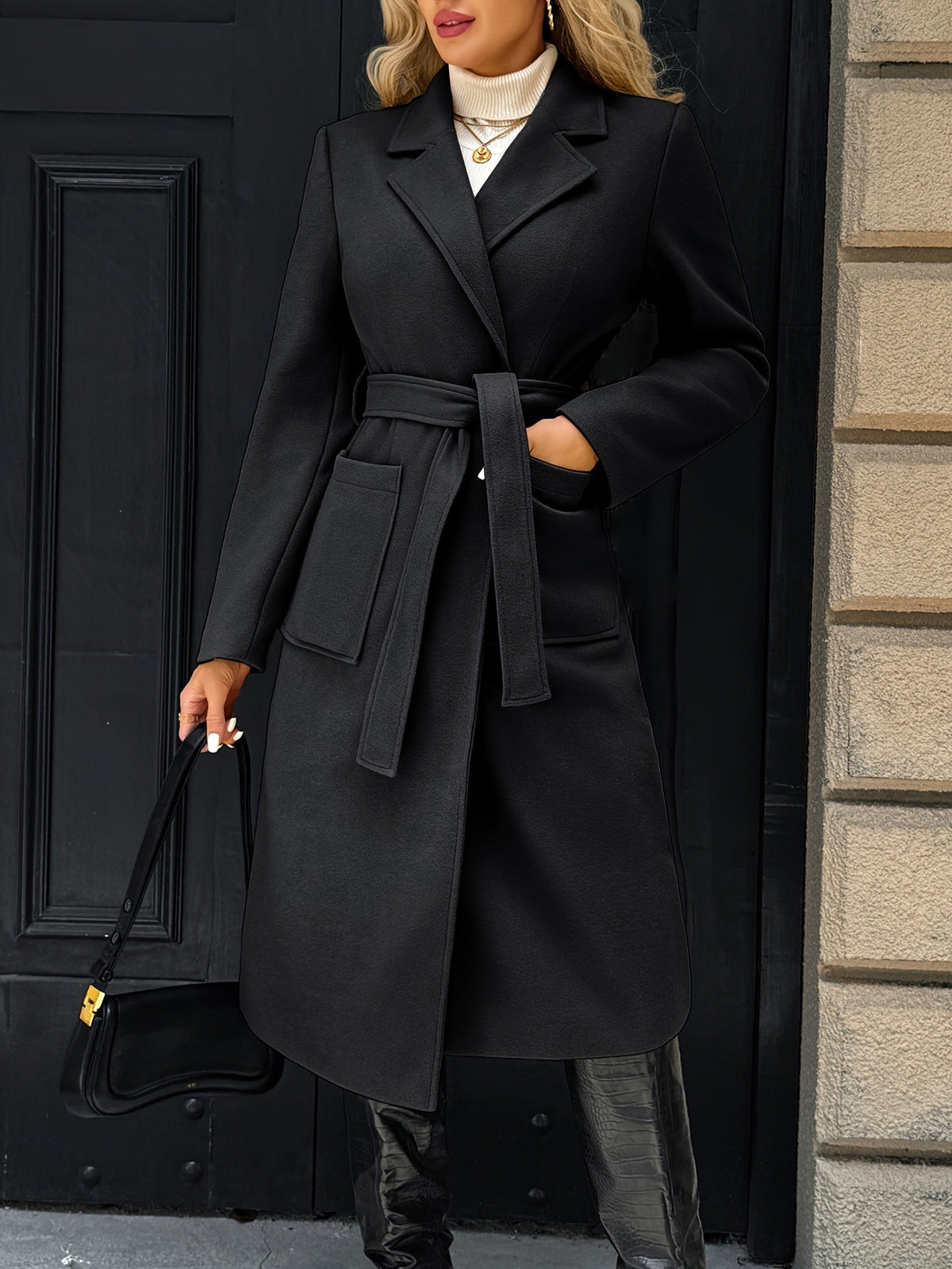 Manteau long femme en laine ceinturé à col cranté et poches plaquées 16