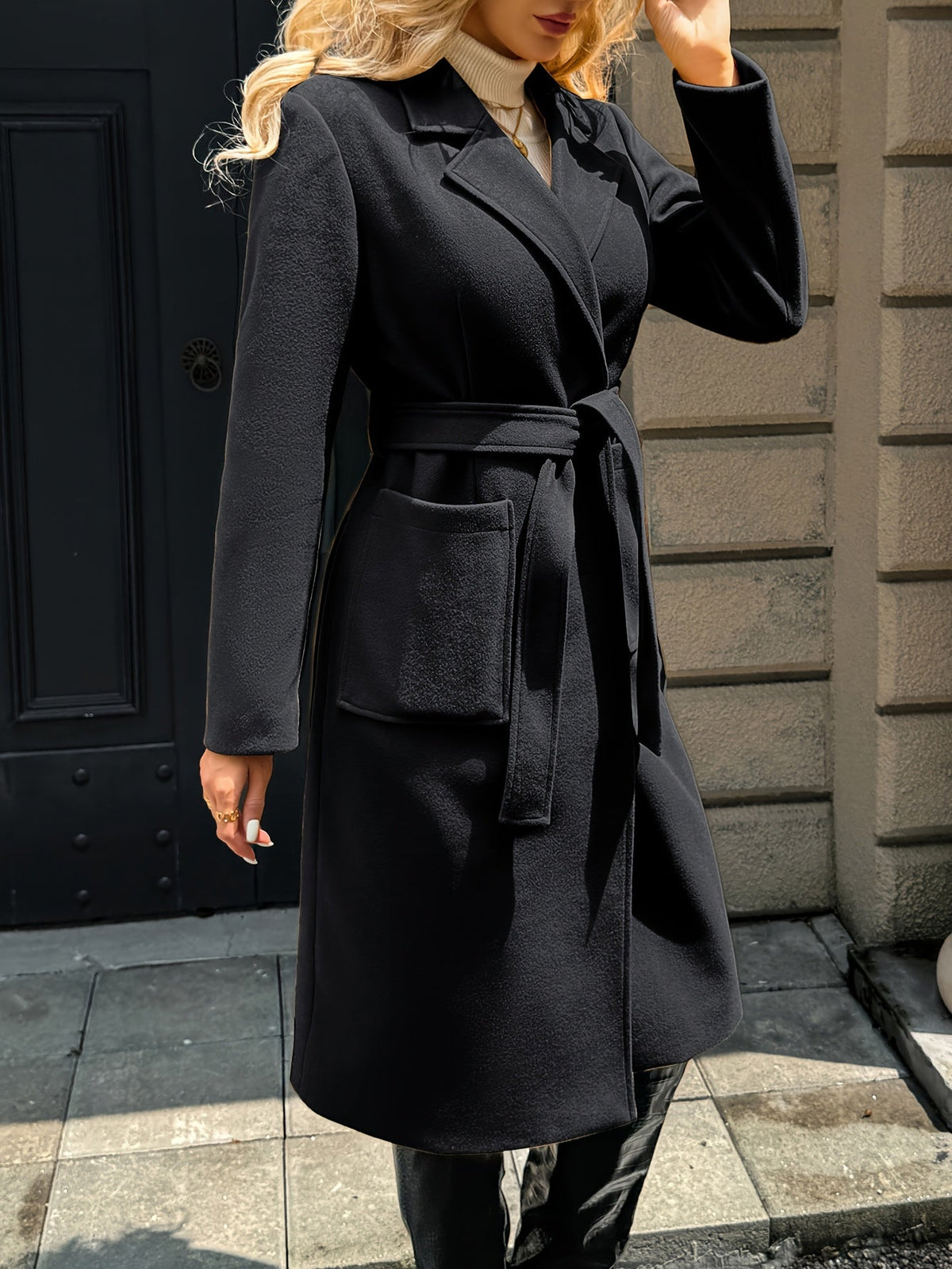 Manteau long femme en laine ceinturé à col cranté et poches plaquées 20