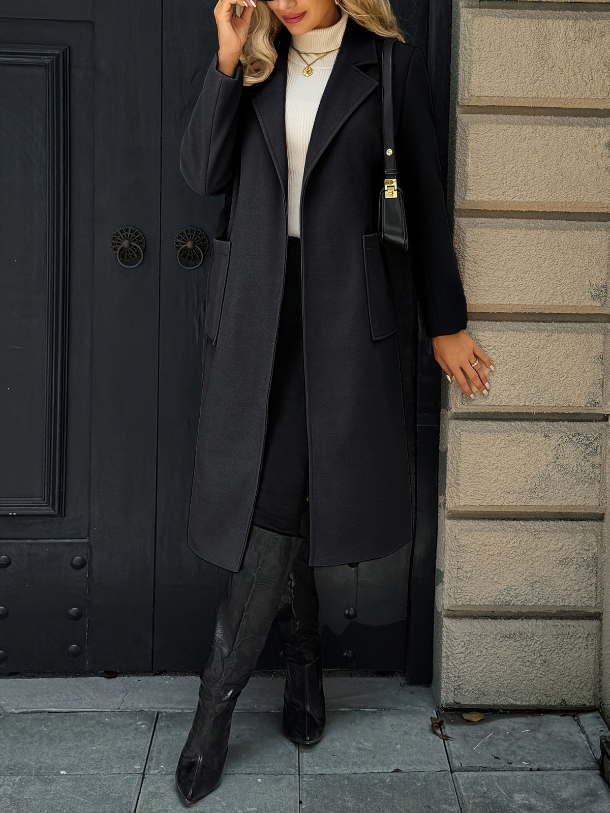 Manteau long femme en laine ceinturé à col cranté et poches plaquées 21