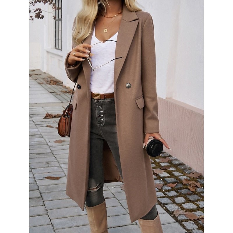 Manteau long femme en laine coupe ajustée à col cranté 11