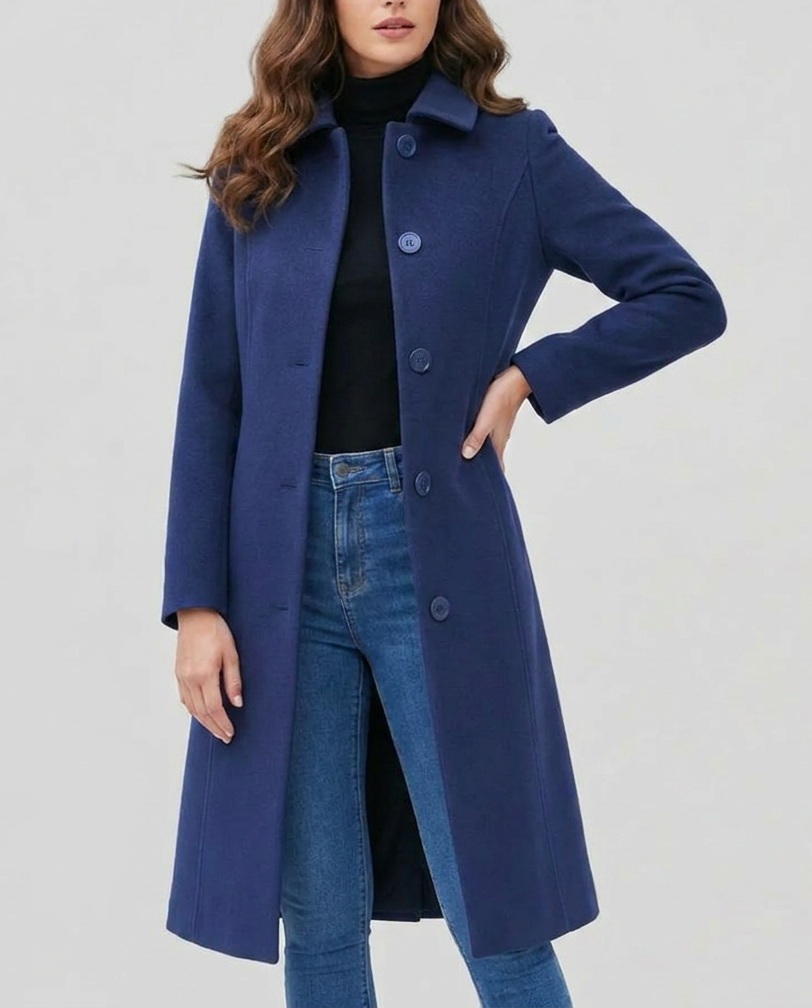 Manteau long femme en laine simple boutonnage à col chemise cintré 5