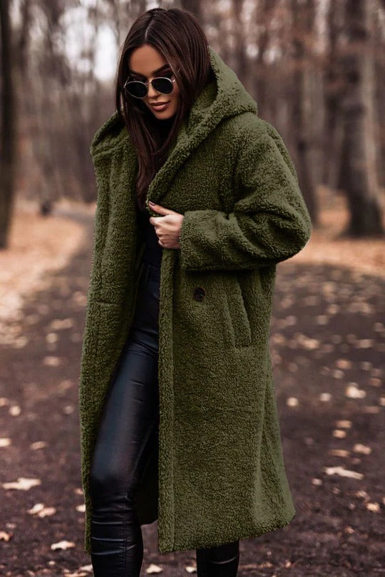 Manteau long femme en teddy à capuche coupe ample 2