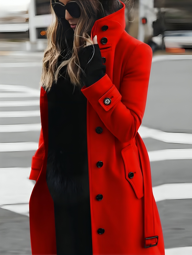 Manteau mi-long femme cintré à ceinture, col montant et boutonnage 3