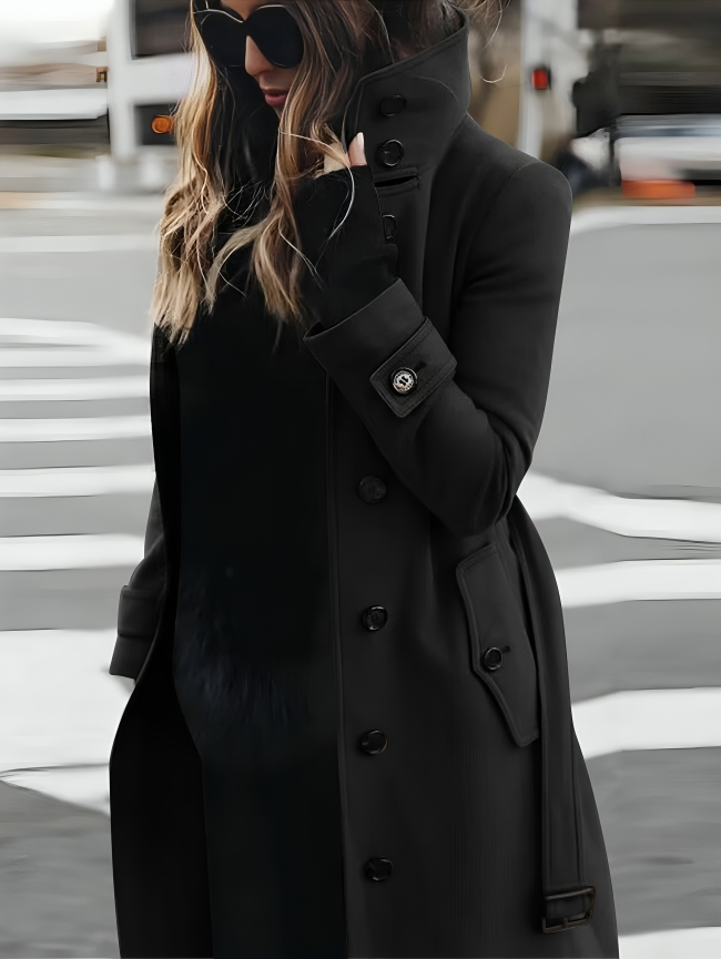Manteau mi-long femme cintré à ceinture, col montant et boutonnage 4