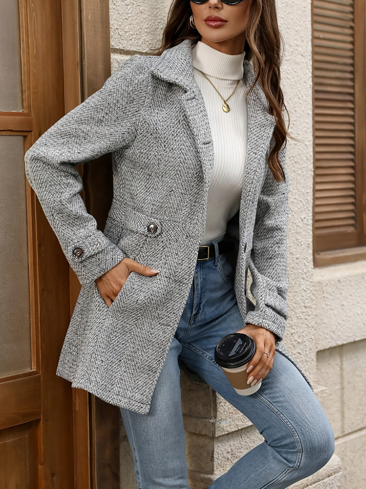 Manteau mi-long femme en laine à chevrons cintré à la taille 3