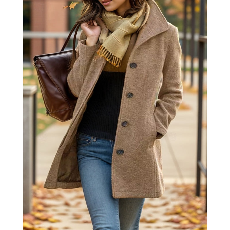 Manteau mi-long femme en laine à col rabattu et boutonnage simple 2