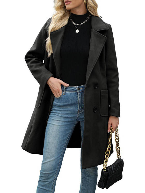 Manteau mi-long femme en laine mélangée à double boutonnage et poches à rabat 3