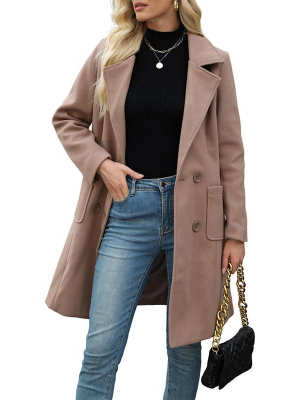 Manteau mi-long femme en laine mélangée à double boutonnage et poches à rabat 4