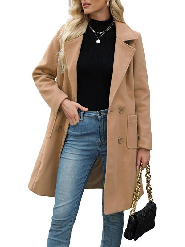 Manteau mi-long femme en laine mélangée à double boutonnage et poches à rabat 7