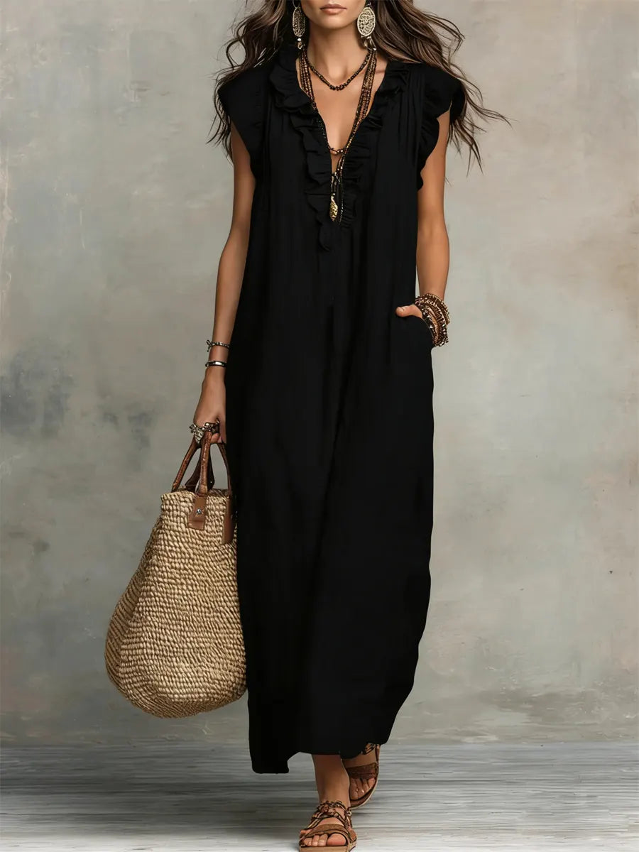 Robe longue femme en lin et coton, coupe fluide bohème