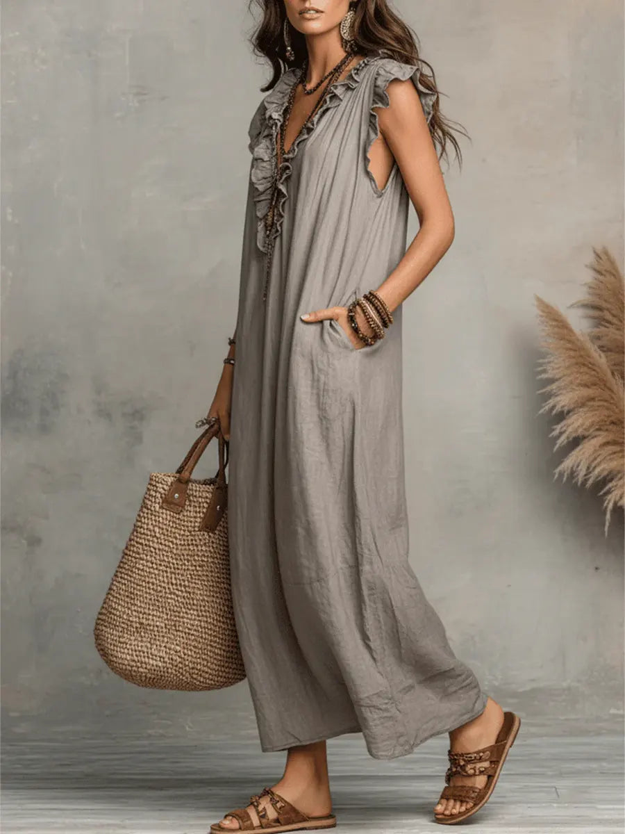 Robe longue femme en lin et coton, coupe fluide bohème