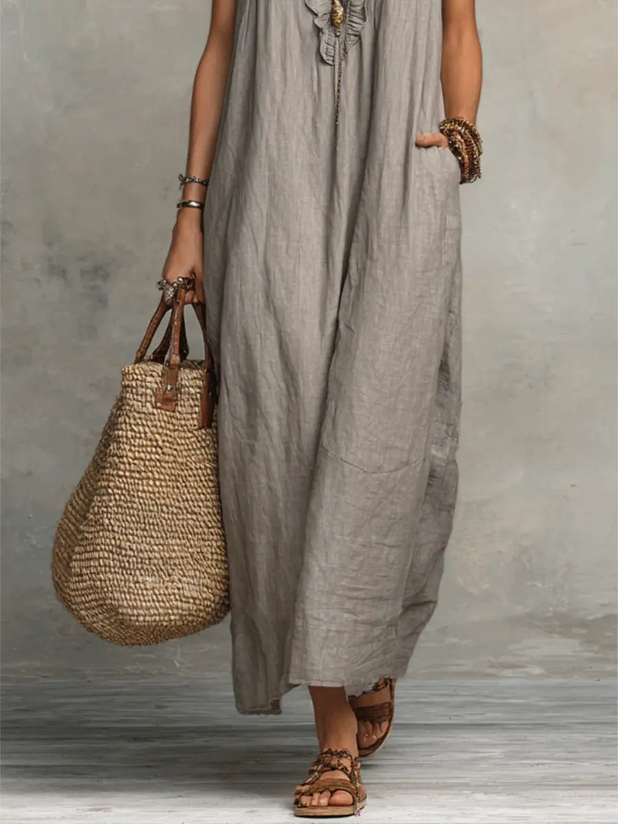 Robe longue femme en lin et coton, coupe fluide bohème