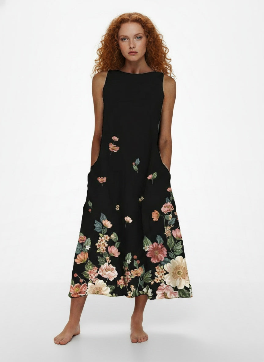 Full body view of the model wearing Robe d'été midi à imprimé floral femme