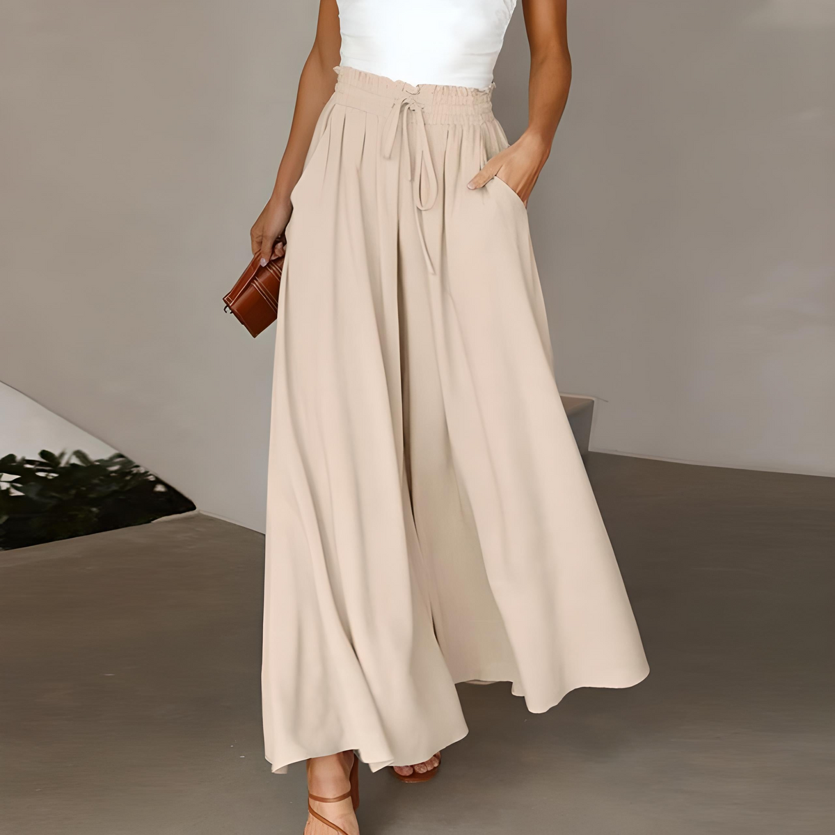 Pantalon large femme taille haute à ceinture nouée 3